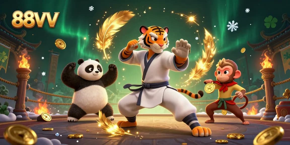 88VV players enjoy a thrilling casino experience featuring a kung fu master and colorful elements.