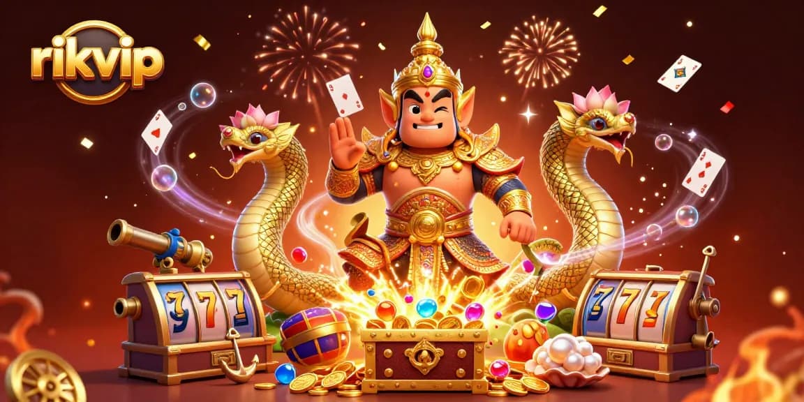 Experience thrilling gameplay with rikvip as vibrant characters celebrate amidst slot machines and treasures.