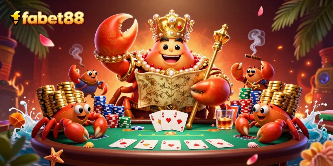 Engage with fabet88's thrilling casino experience featuring vibrant poker elements and a gold crab emperor.