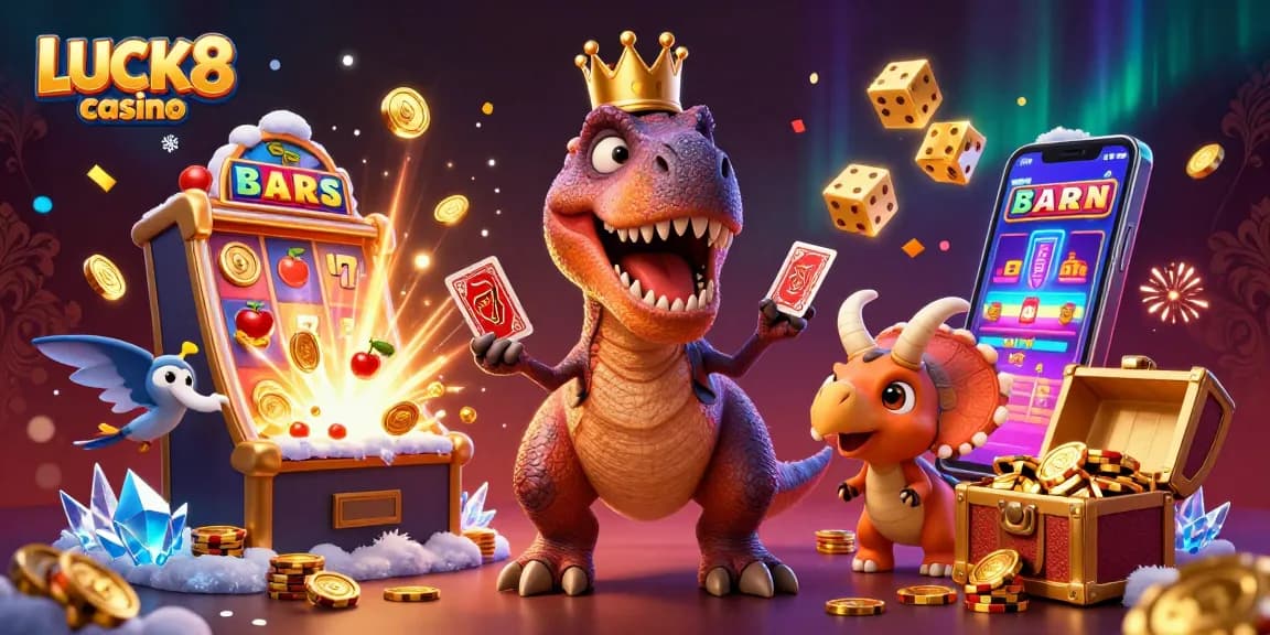 Experience the thrill of LUCK8 casino with a vibrant, fun-filled scene of cartoon dinosaurs engaging in gambling.