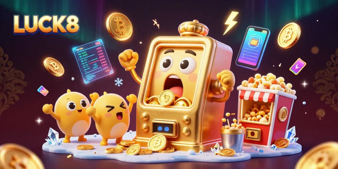 LUCK8 slot machine hits jackpot, surrounded by cheerful baby slots and Bitcoin coins.