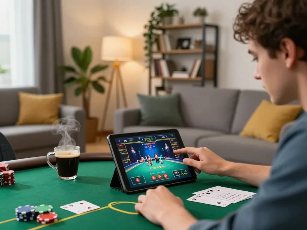 Player enjoying online poker on UU88 tablet while seated comfortably at home.