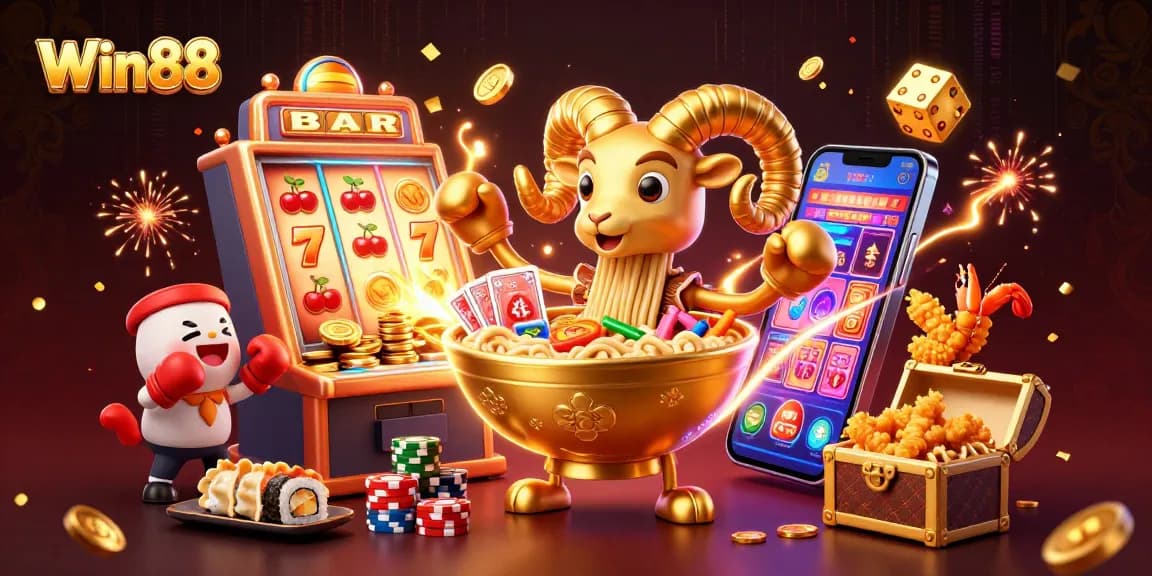 Win88 offers thrilling moments with a giant ramen bowl dealing cards amid a vibrant casino scene.
