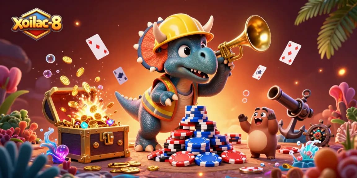 Xoilac-8 showcases a vibrant triceratops and parasaurolophus in an energetic online gambling scene.