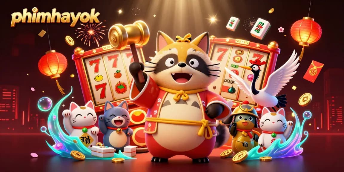 Spin to win at phimhayok with playful tanuki, slot reels, and festive elements!