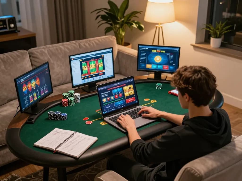 Playing situs slot games on a laptop at home, showcasing betting strategy notes and ambient lighting.