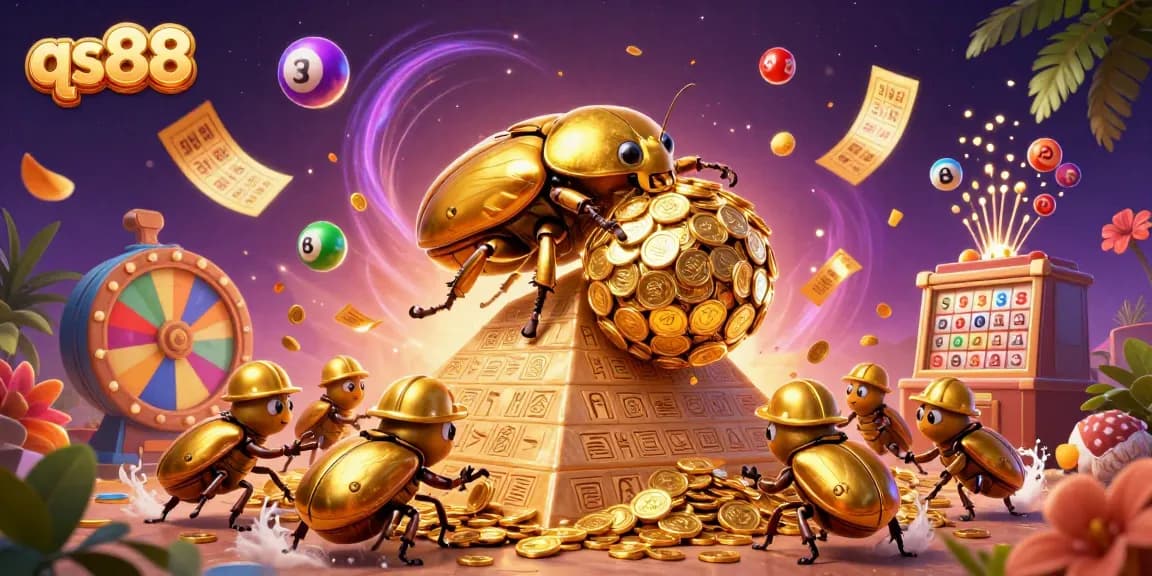 Experience exciting gaming with qs88 as a golden dung beetle rolls in a vibrant online casino setting.