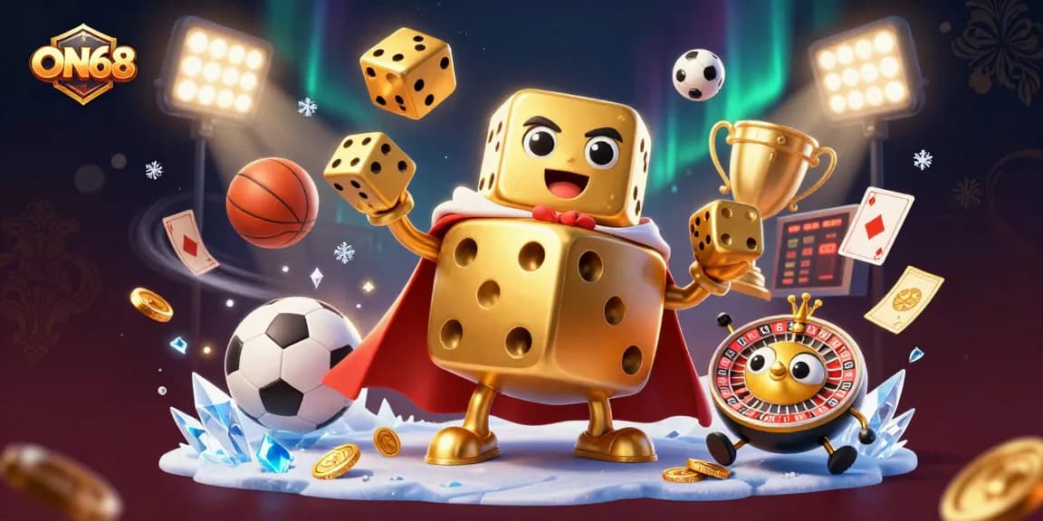 Join the excitement with ON68 as the golden dice golem juggles winnings in a vibrant casino scene.