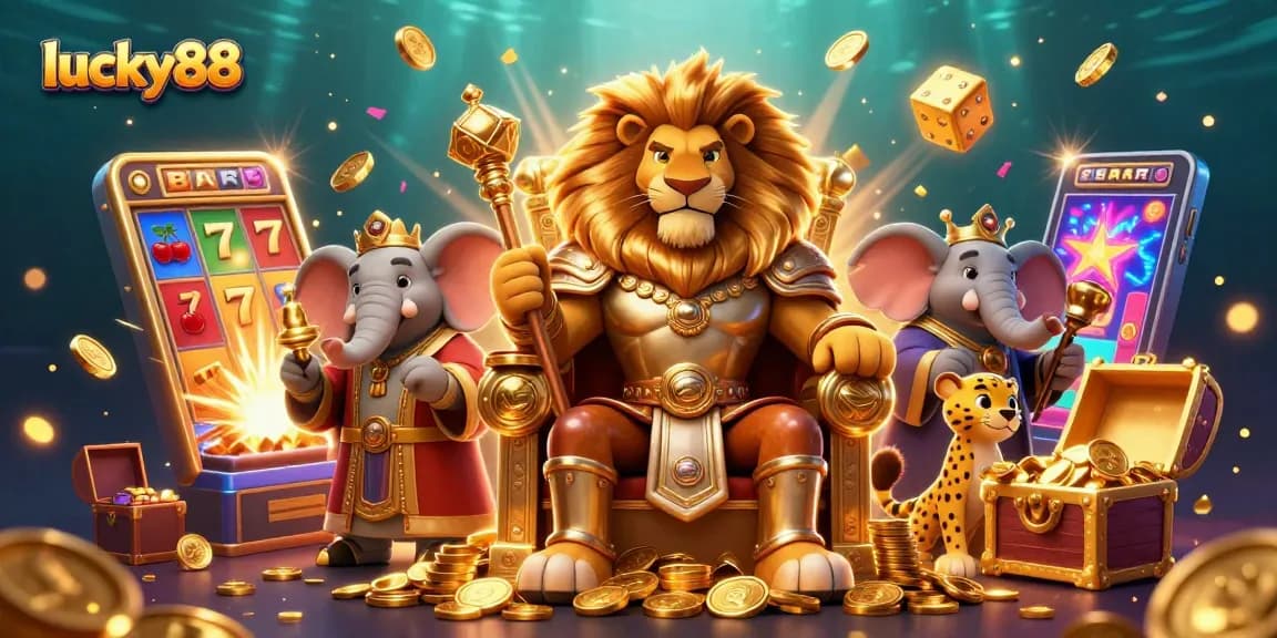 Spin the reels with lucky88, featuring a vibrant scene of slot machines and regal characters.