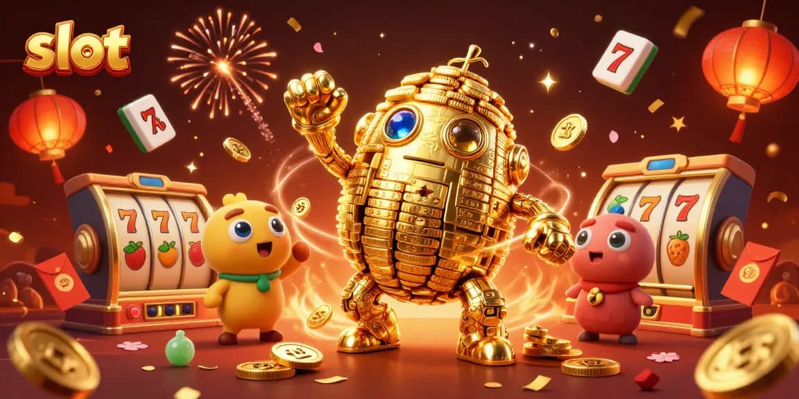 Memenangkan slot dengan karakter golem emas yang dikelilingi simbol slot dalam ilustrasi penuh warna.