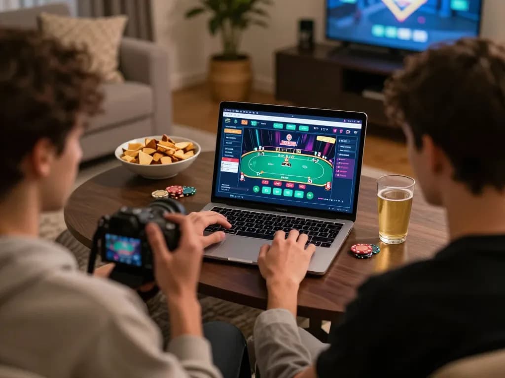 Engaging online gaming session at home with TG88 poker interface, cozy atmosphere and snacks