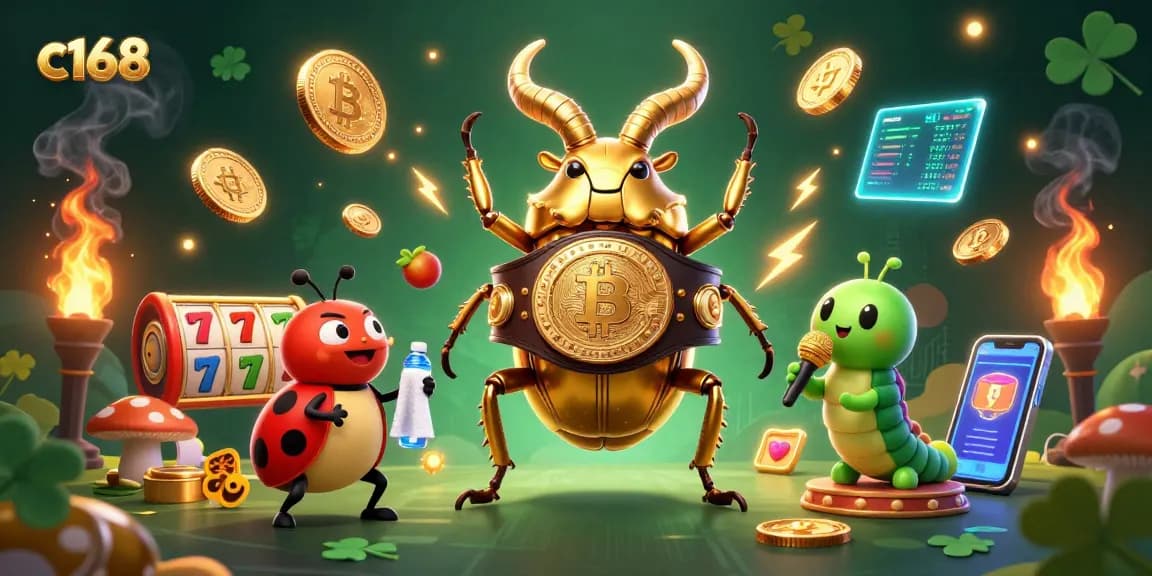 Engage with the vibrant and dynamic casino experience of c168 featuring a golden beetle champion and casino elements.