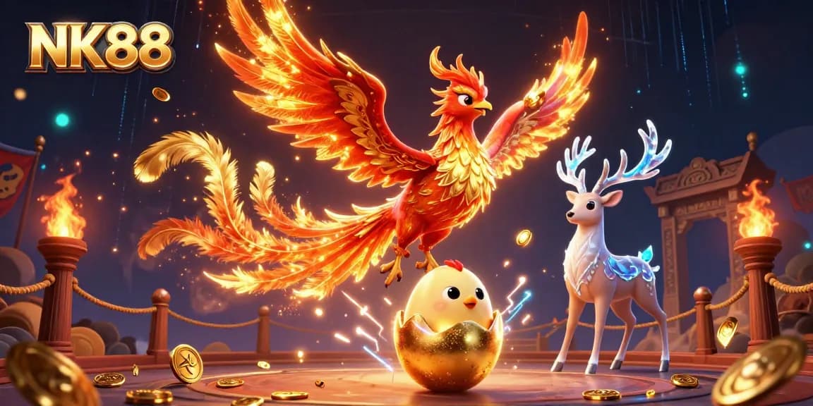 Engage with NK88's thrilling gaming experience featuring a fiery phoenix and golden egg under dynamic casino elements.