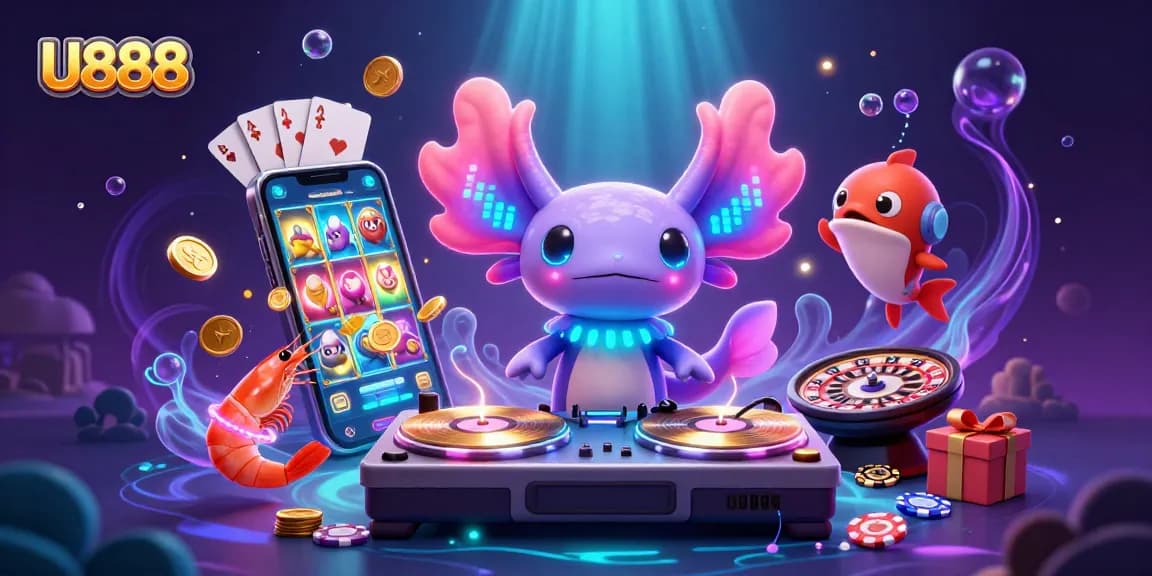 Engage with U888's vibrant underwater casino scene featuring lively characters and games.