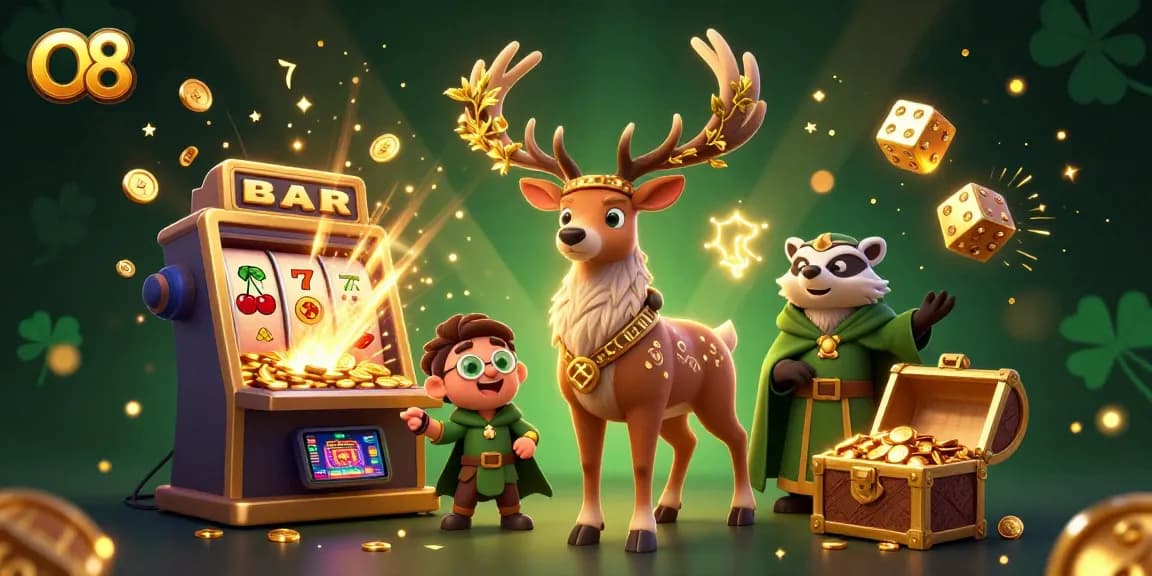 O8's engaging gaming scene features a druid stag, badger, and jackpot elements for casino fun.