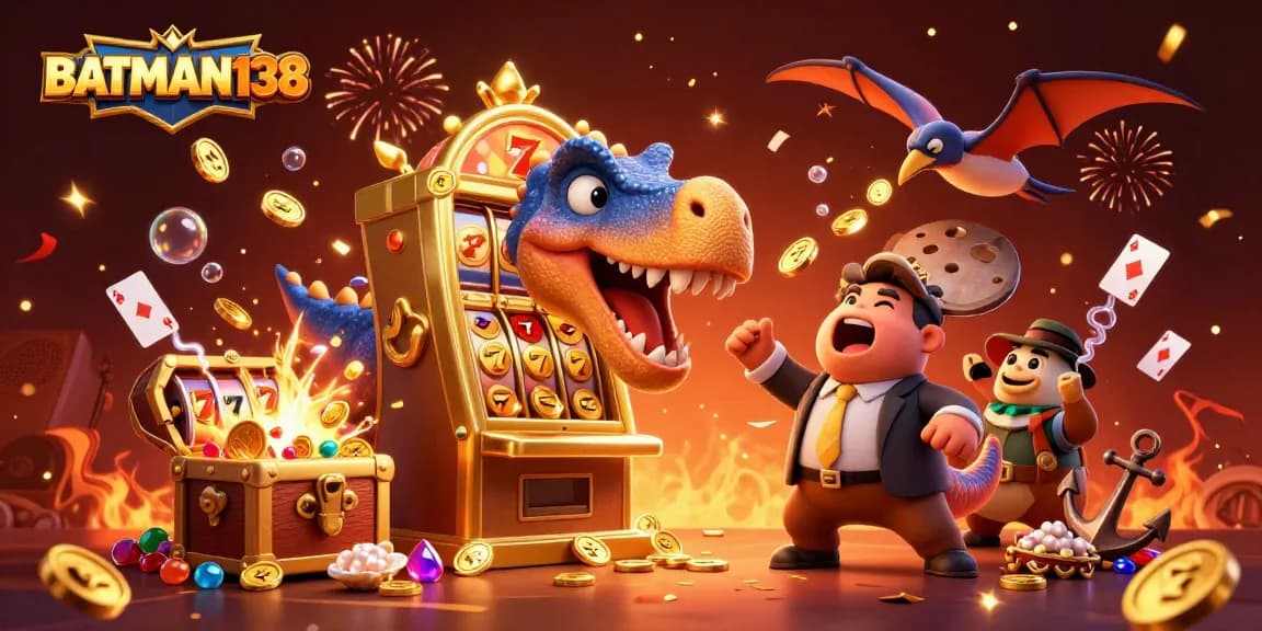 Permainan di BATMAN138, slot jackpot berkilau saat dinosaurus memicu kemenangan.