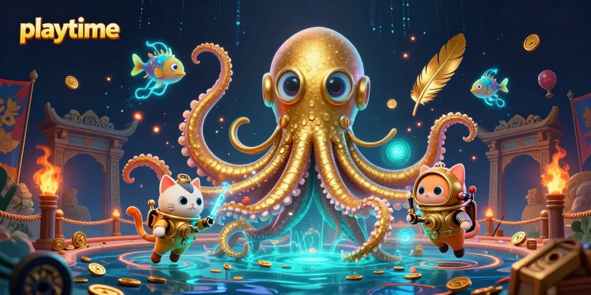 Engage with playtime-themed gaming excitement featuring a colossal kraken, diving cat, and deep-sea creatures.