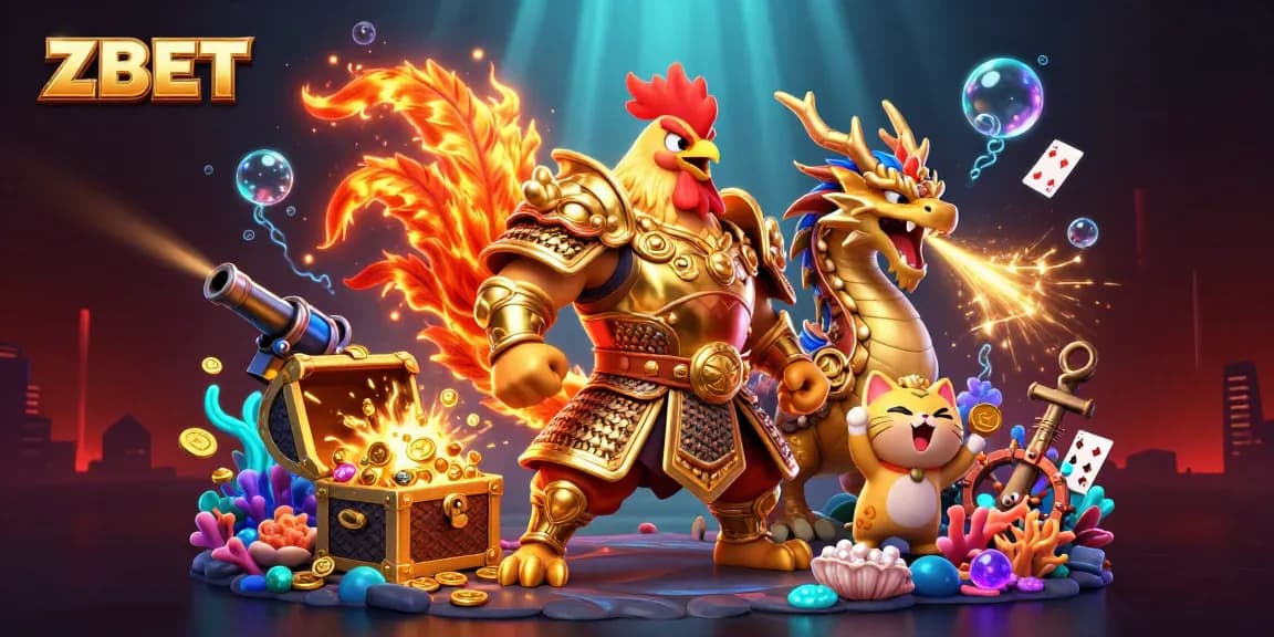 ZBET features a dynamic and vibrant 3D cartoon scene with a fighting rooster warrior and a dragon hatchling celebrating casino wins.
