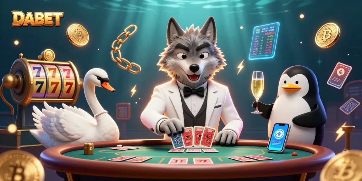 DABET features a debonair wolf, elegant swan, and sophisticated penguin amidst vibrant casino symbols.