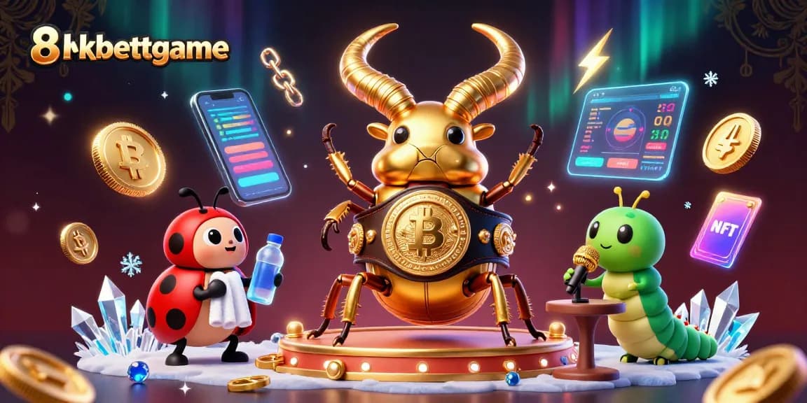 Bet and win with 8xbettgame featuring vibrant 3D beetle boxing scene and cryptocurrency elements.