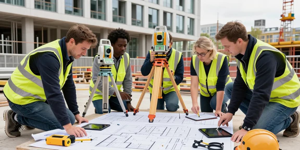 Measured Building Surveys London & Surrey & Sussex team surveying at construction site with advanced technology.