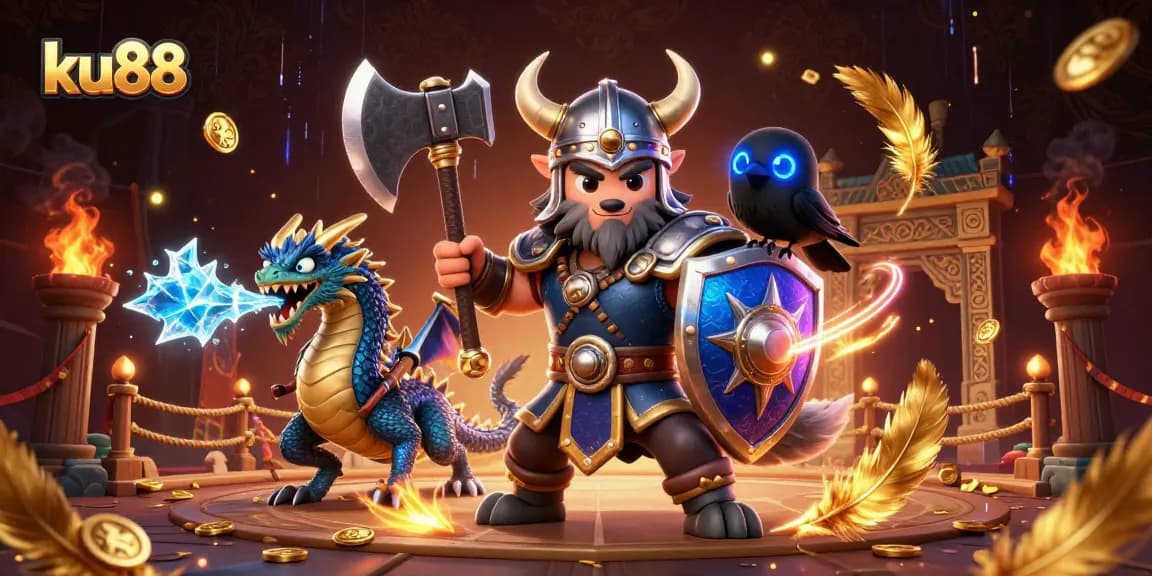 Engage in thrilling gameplay at ku88 with an epic Viking wolf warrior and fiery dragon.