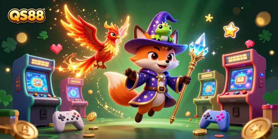 Experience thrilling gambling action at QS88 with a vibrant 3D casino illustration featuring a wizard fox and phoenix.