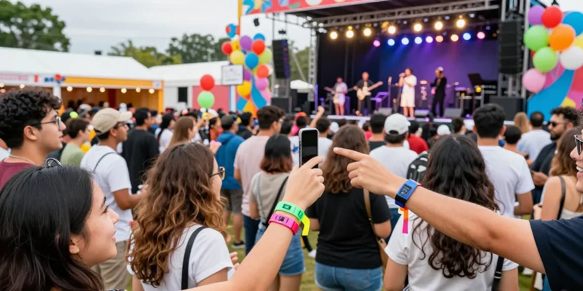 Festival attendees using pulseras con chip para festivales for access control and payments at a vibrant outdoor event.