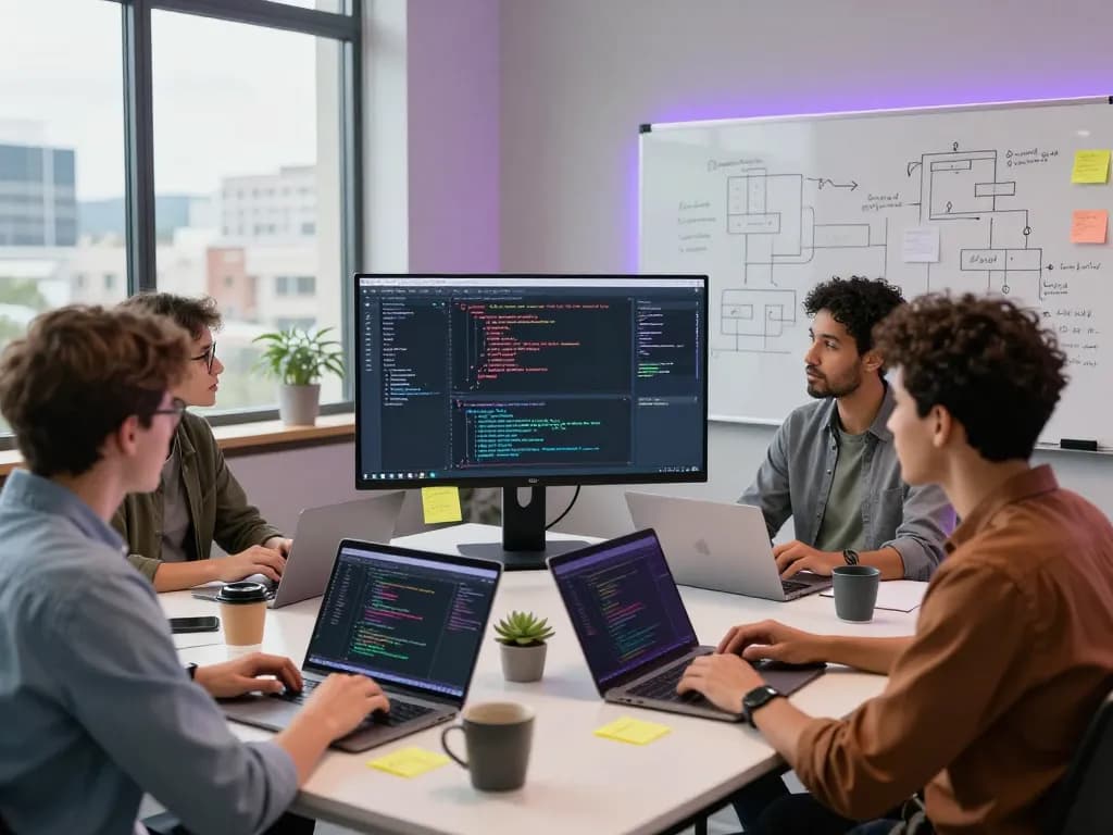 Dynamic software development collaboration with developers coding hbet technology.