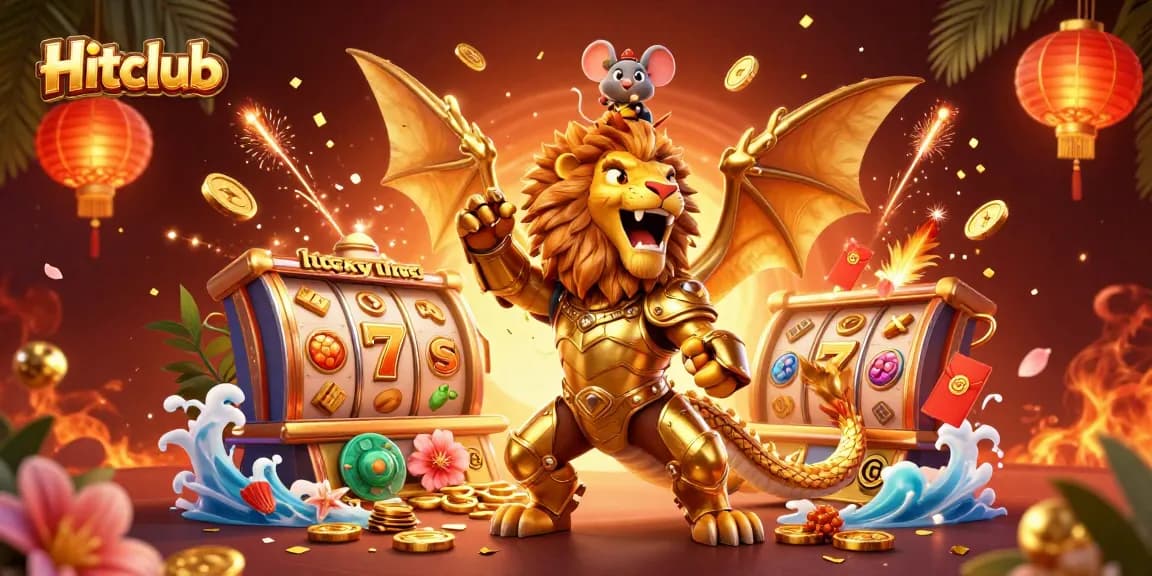 Experience thrilling action at Hitclub as the chimera triumphs among slot reels and golden elements.