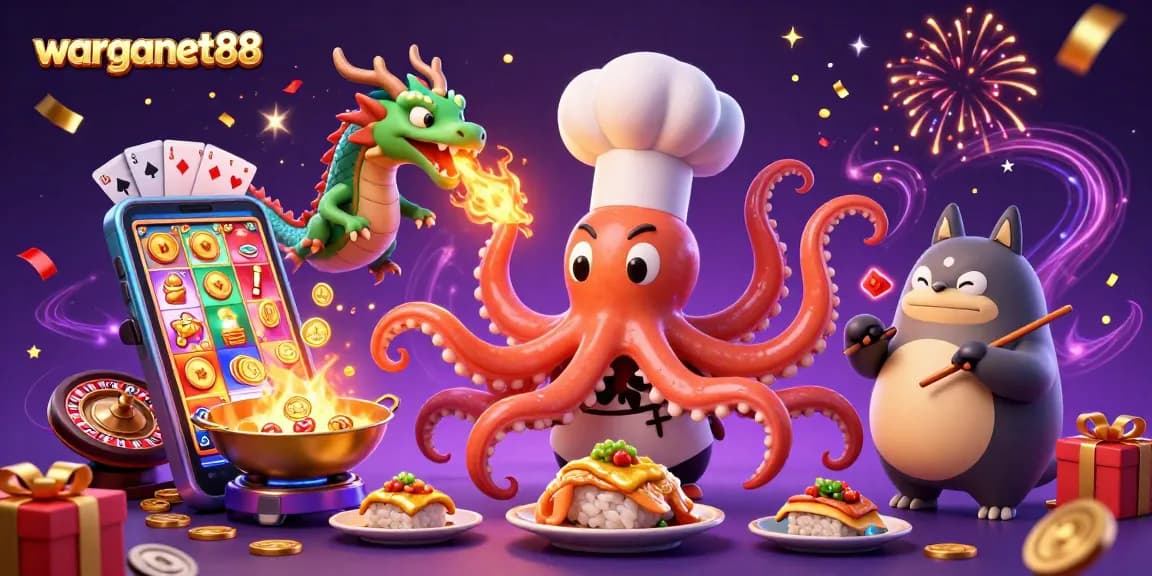 Experience the thrill of warganet88 as the octopus chef serves up golden slot winnings, surrounded by lively casino elements.