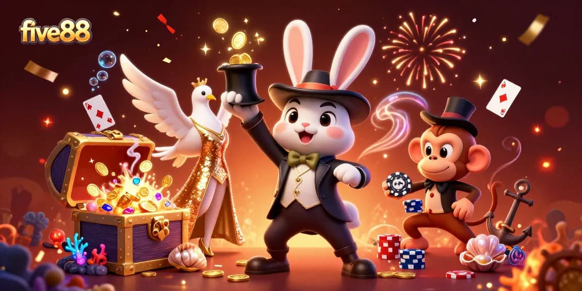 Experience the excitement of five88 with this vibrant illustration of a magician, assistant, and monkey amidst a dynamic casino scene.