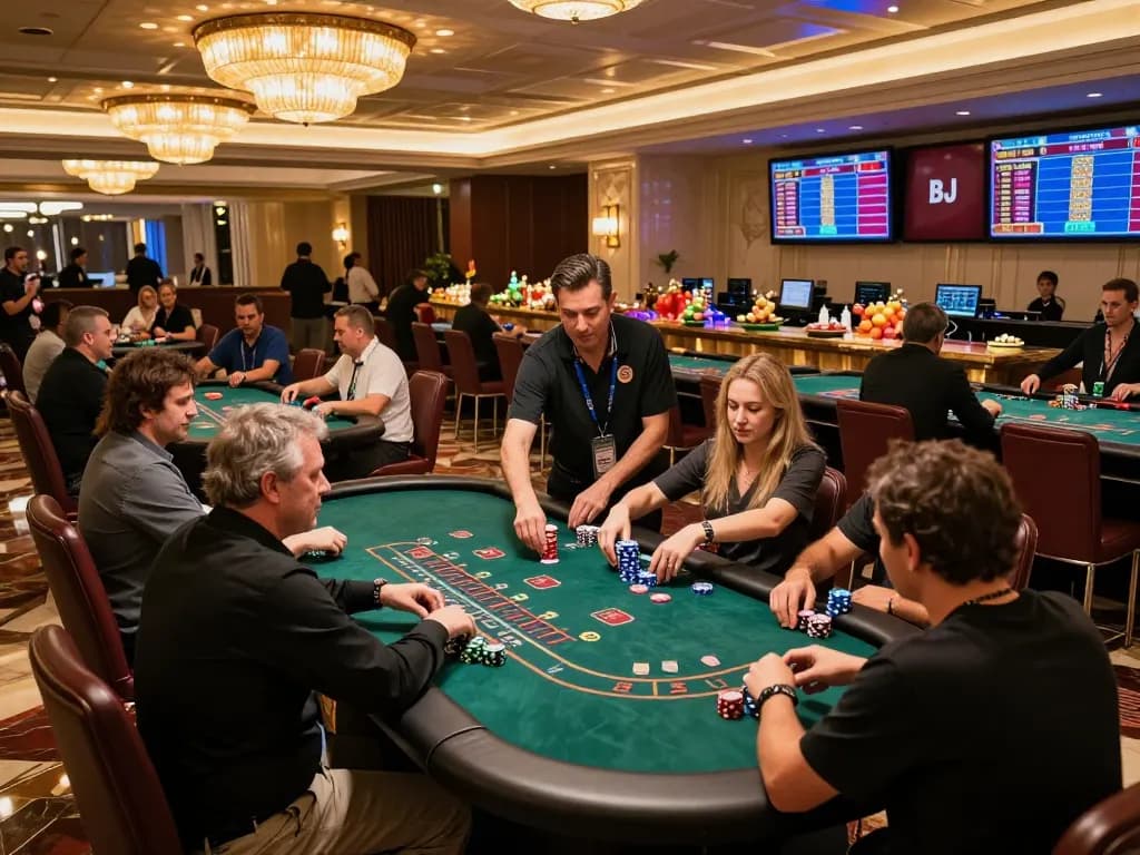 Players at GO8 casino enjoy strategic blackjack gameplay under elegant lighting, showcasing intense competition.