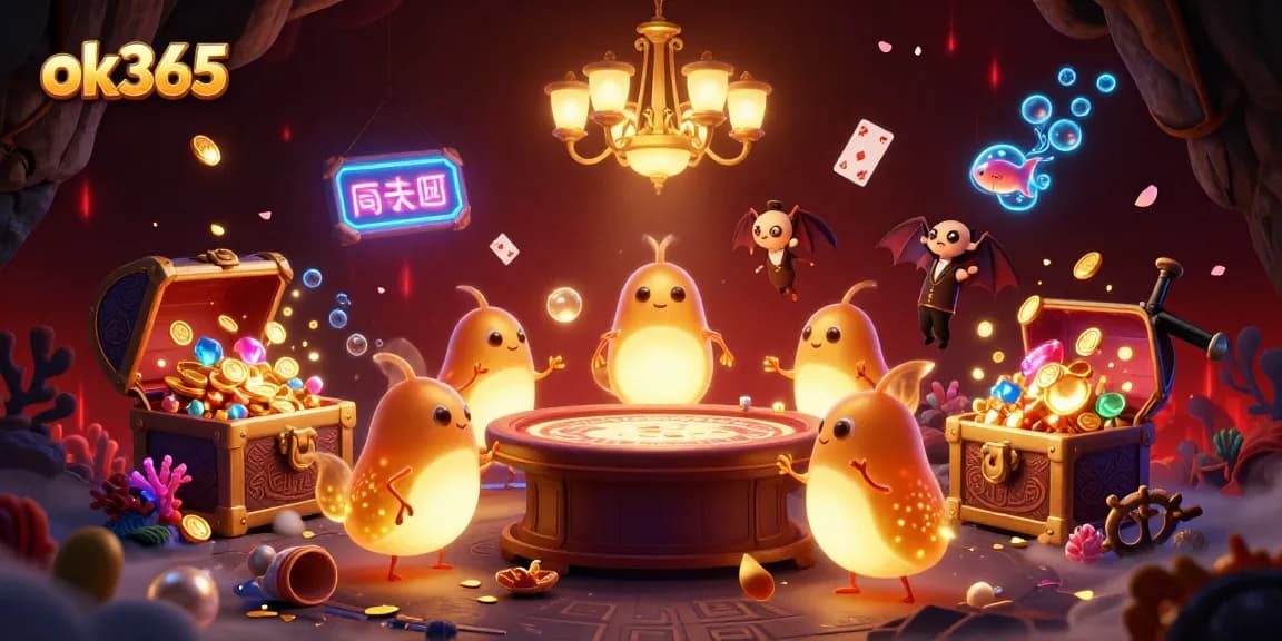 Experience ok365's vibrant casino atmosphere with colorful creatures and glowing treasures.