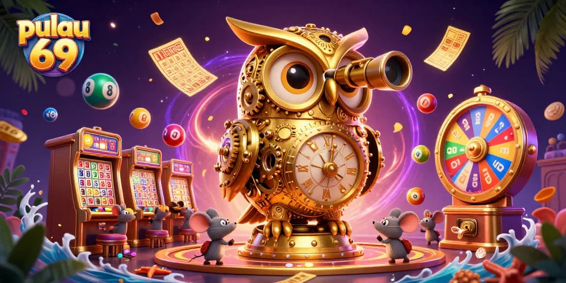 Play exciting games at pulau 69 featuring a golden owl overseeing a vibrant casino atmosphere