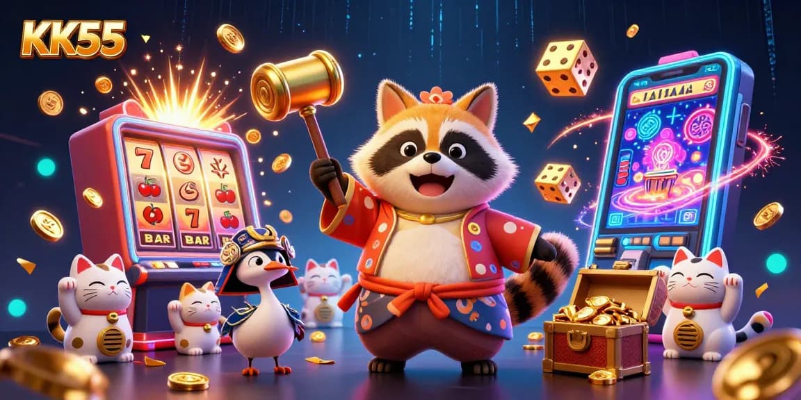 Win big at KK55 with a cheerful tanuki and friends surrounded by jackpot excitement and vibrant casino imagery.