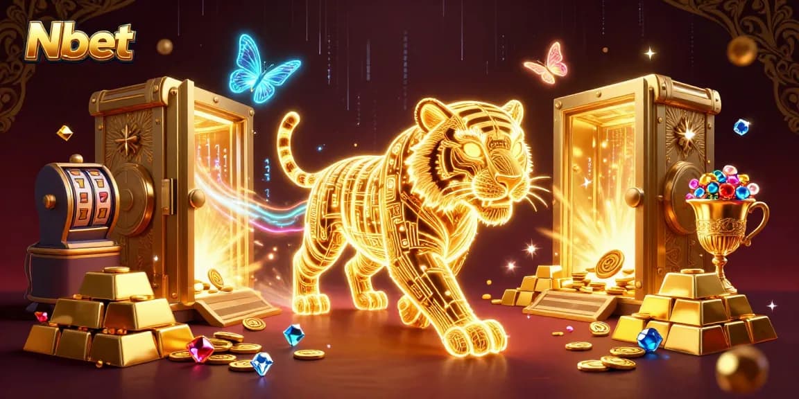 Nbet showcases a 3D golden tiger in a vibrant casino scene filled with riches and slot elements.