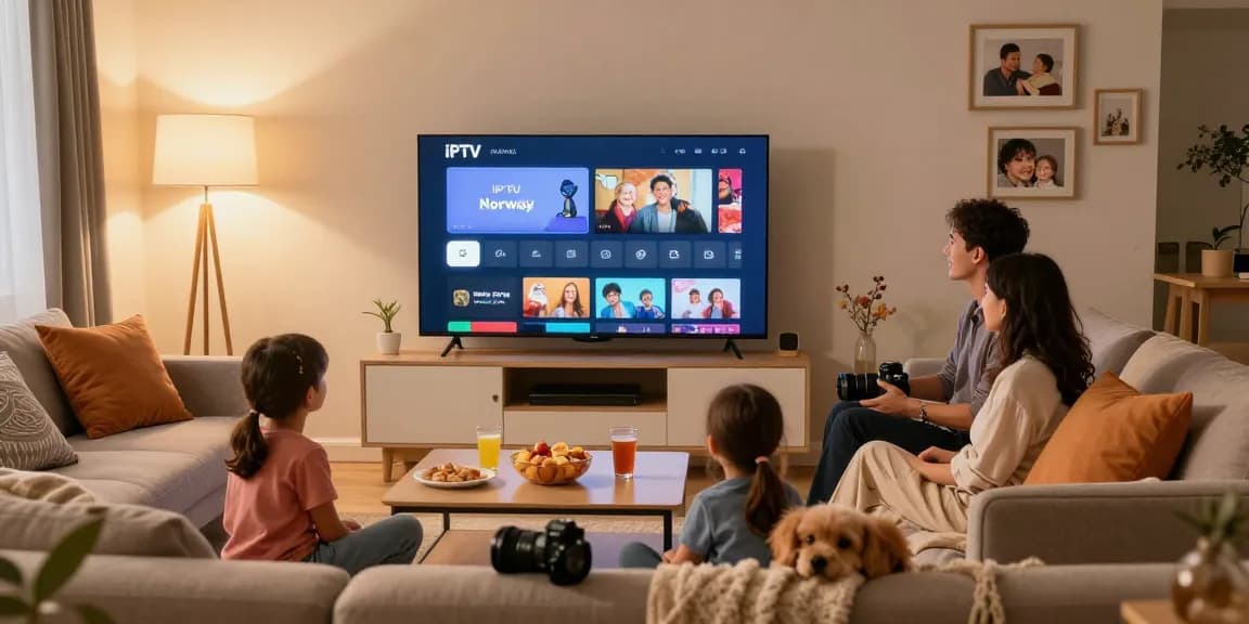 Family enjoying IPTV Norway streaming service in cozy living room