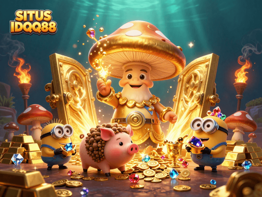 Engage with SITUS IDQQ88's magical treasures in this vibrant casino scene full of gold and gems.