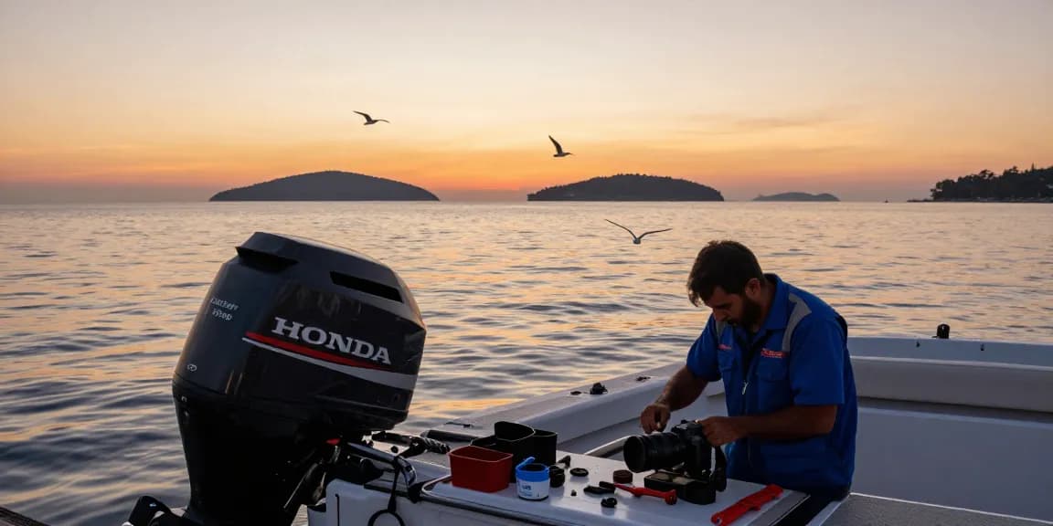 Technician inspecting a Honda outboard motor at serene harbor