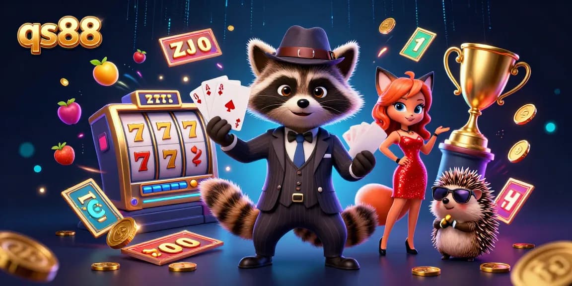 Experience thrilling wins at qs88 with a suave raccoon, charming fox, and hedgehog bouncer in a vibrant casino scene.