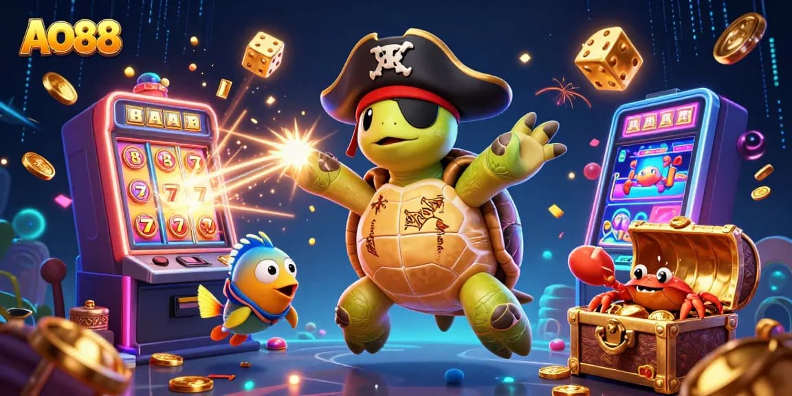 Experience excitement at AO88 with a vibrant 3D illustration of a pirate turtle and friends amidst a jackpot