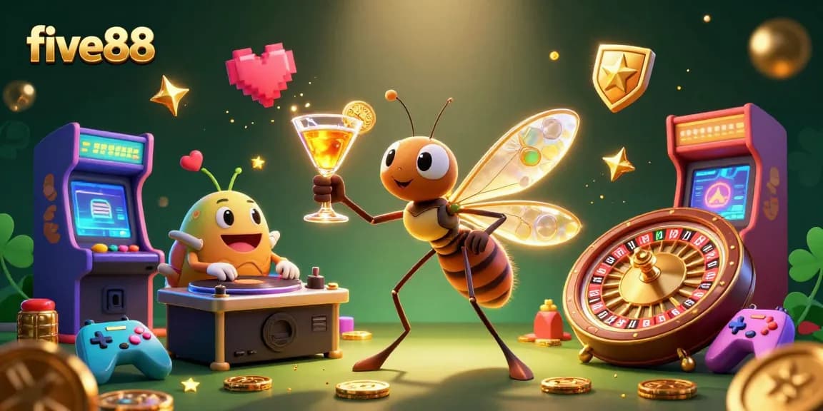 Get ready to win big at five88 with a lively 3D casino scene featuring unique characters and playful elements.