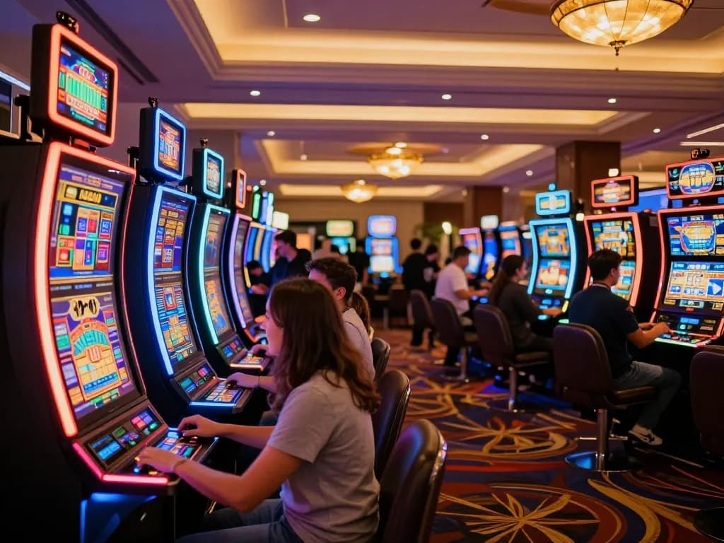 Experience slot gacor excitement with players celebrating wins on vibrant casino slot machines.