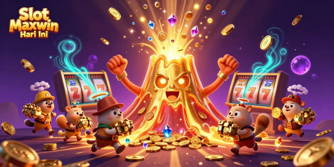 Experience Slot Maxwin Hari Ini with a vibrant scene of treasure eruptions and dynamic casino elements.
