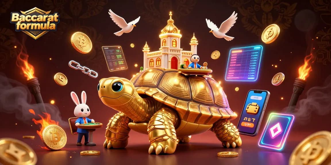 Experience Baccarat formula with a 3D illustration featuring a golden tortoise casino and vibrant coins.