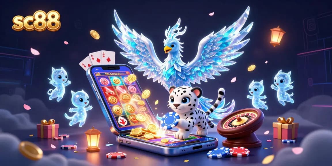 Experience thrilling gameplay at SC88, featuring a dazzling ice phoenix, poker chip action, and vibrant slot games.