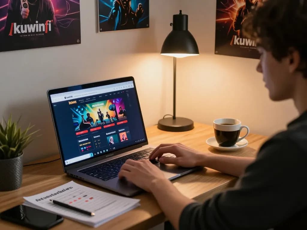 Player engaging with kuwinfi online casino interface in a comfortable home setting