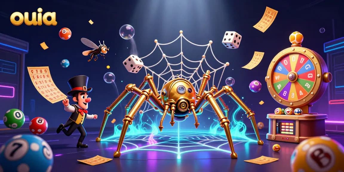 ouia casino illustration showcasing a playful spider and fly gentleman entangled in a dynamic game web.