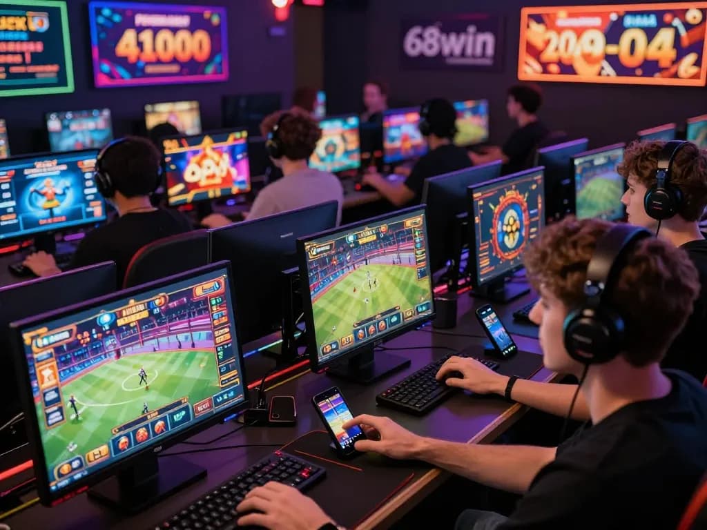 Players engaging with exciting 68win online gaming on various devices in a vibrant setting.